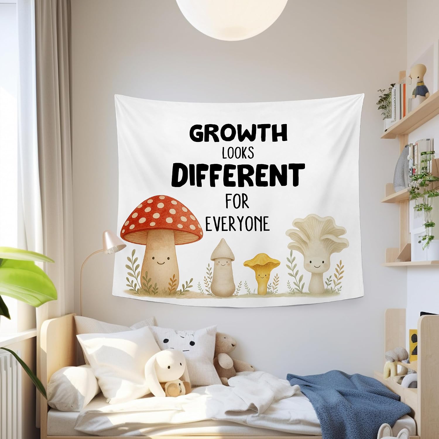 MNASAIOO Classroom Growth Looks Different for Everyone Mushroom Wall Tapestry Hanging, Nursery Mental Health Tapestries, Cute Wall Decor Banner for Kids Therapy Counseling Office Playroom 50x60in