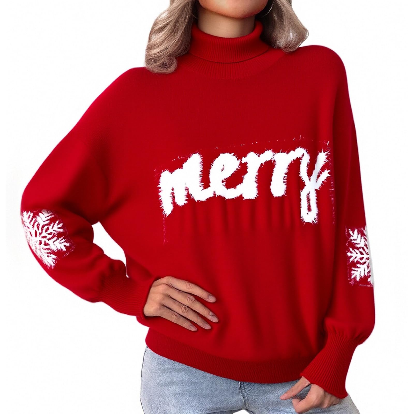 Merry Christmas Sweater for Women 2025 Long Batwing Sleeve Turtleneck Oversized Pullover Jumper Fall Winter Tops