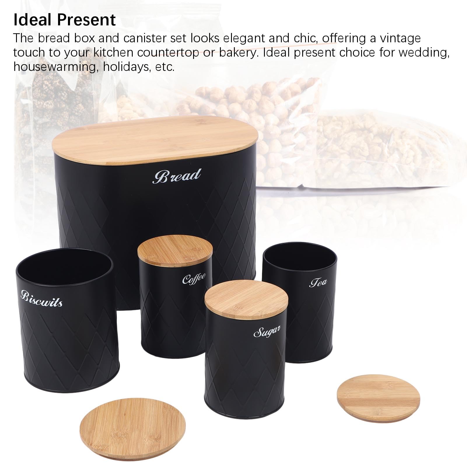 Caja de pan con juego de recipientes para encimera de cocina, contenedor de almacenamiento de pan de hierro, recipientes de almacenamiento para galletas, té, café, azúcar con