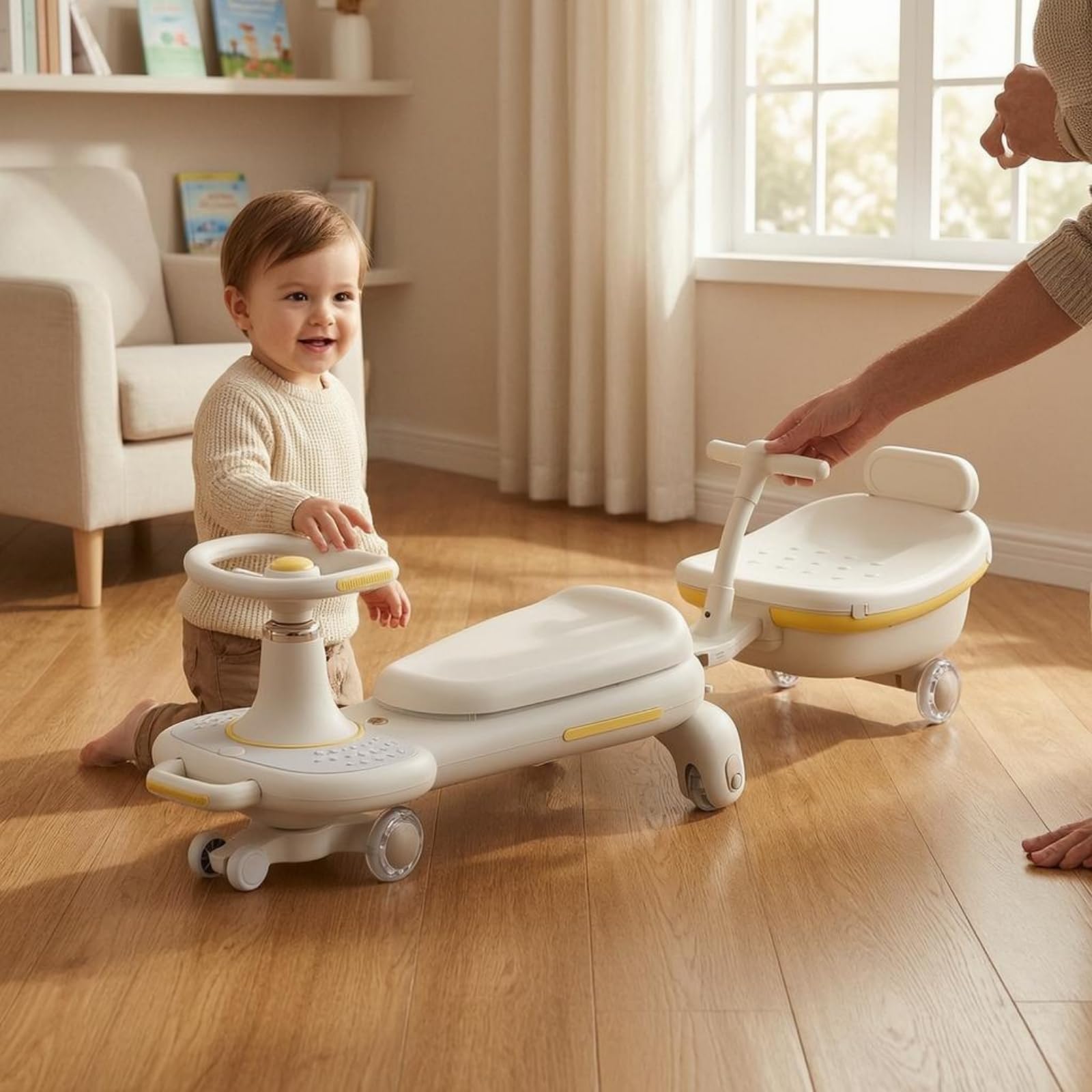 Coche para Montar Infantil Luces y Música Auto Juguete con Volante Antivuelco para Niños, Marrón