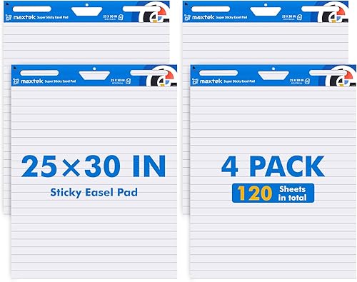 maxtek Bloc de caballete adhesivo forrado de 25 x 30 pulgadas, papel grande con 4 paquetes de 30 hojasbloc, papel abatible mejorado con parte