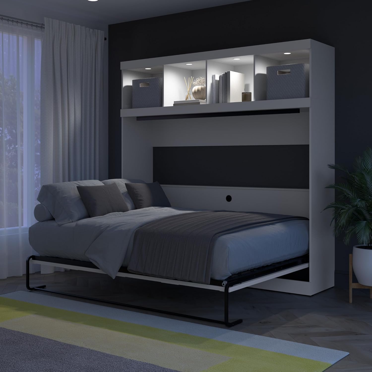 Bestar Full Size Horizontal Murphy Bed with Storage and Charging Station, 80-inch, for Bedroom or Guestroom, Pur Collection, Modern, White