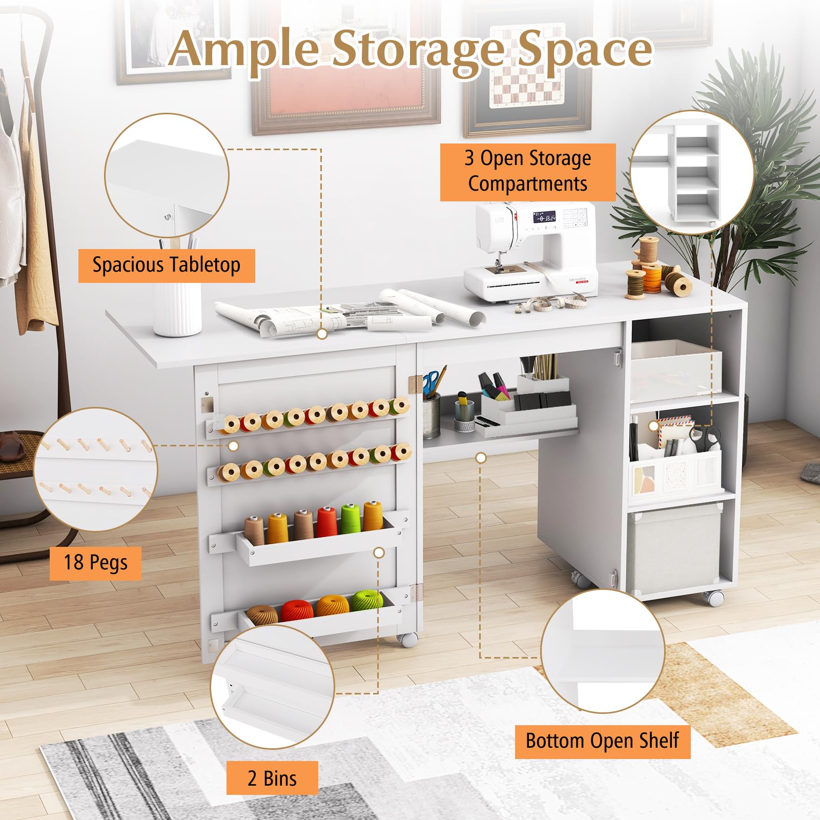 LIFEZEAL Mesa de Costura Plegable, Armario de Costura con 2 Soportes para Hilos y 18 Ganchos, Estación de Manualidad con 3 Estantes de Almacenamiento, Mueble para Máquina de Coser Portátil con Ruedas