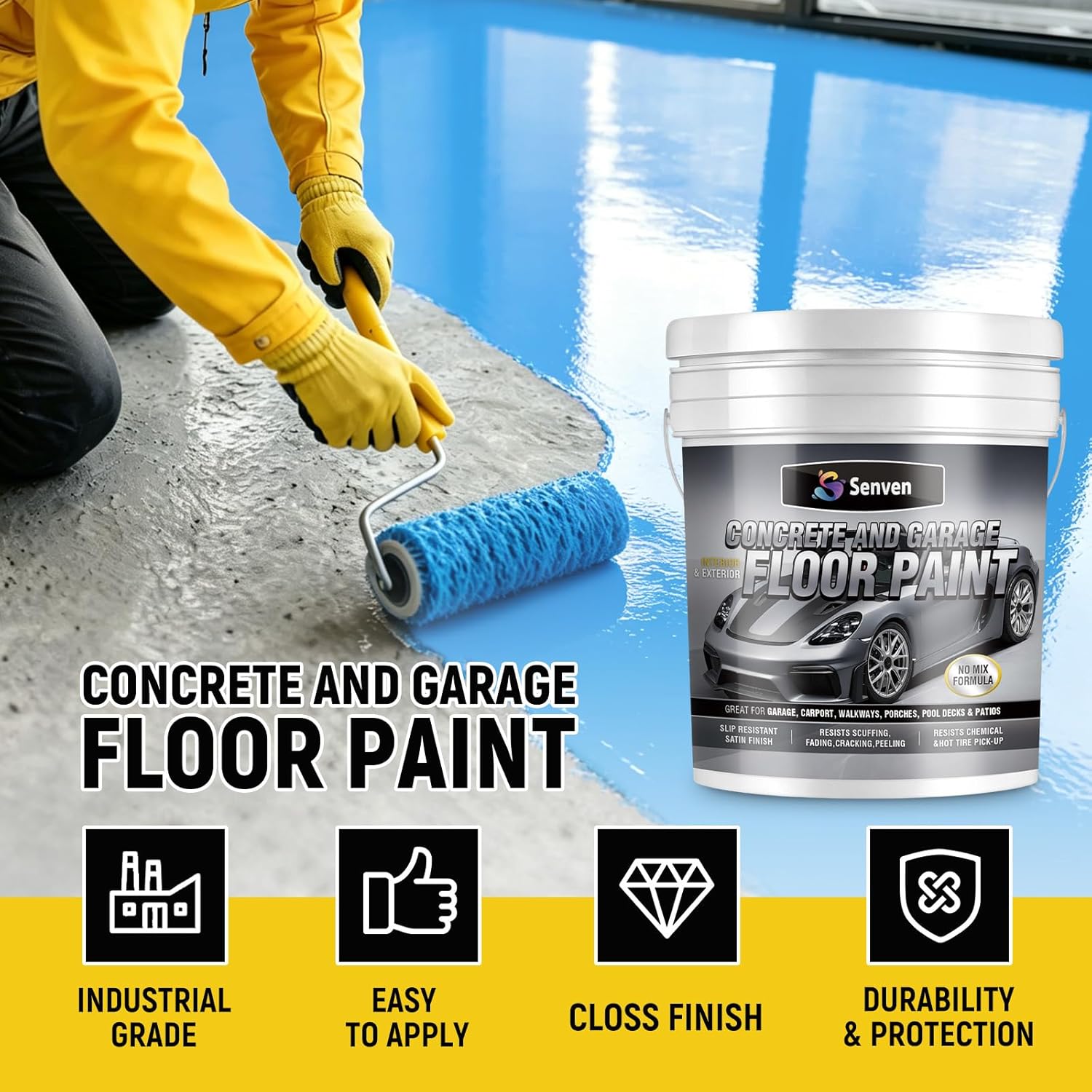 Acrylic Concrete & Garage Floor Paint 1 Gallon, Blue 2 Car Kit 300-320 sq.ft Interior/Exterior Concrete Paint for Basement Floors, Porches, Driveways Concrete Coating For Pool Decks Semi Gloss