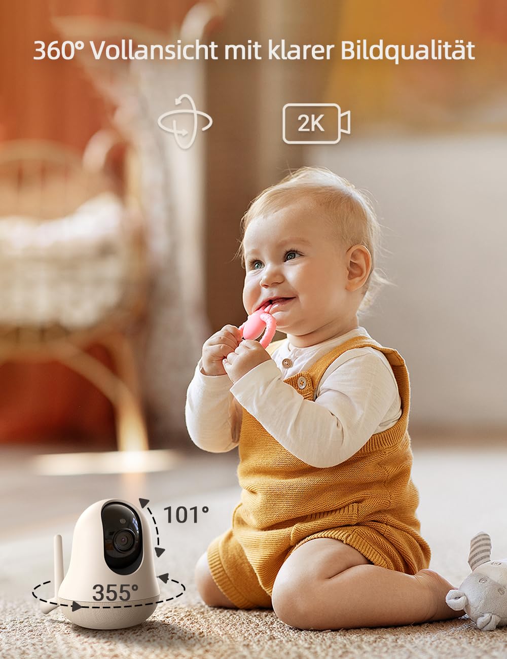 nooie Babyphone mit Kamera und App,2K intelligentes Babyfon, Temperaturüberwachung,2.4/5GHz WLAN, Nachtsicht,Zwei-Wege-Audio, Weinen/Geräuscher-kennung, KI-Tracking, funktioniert mit Alexa