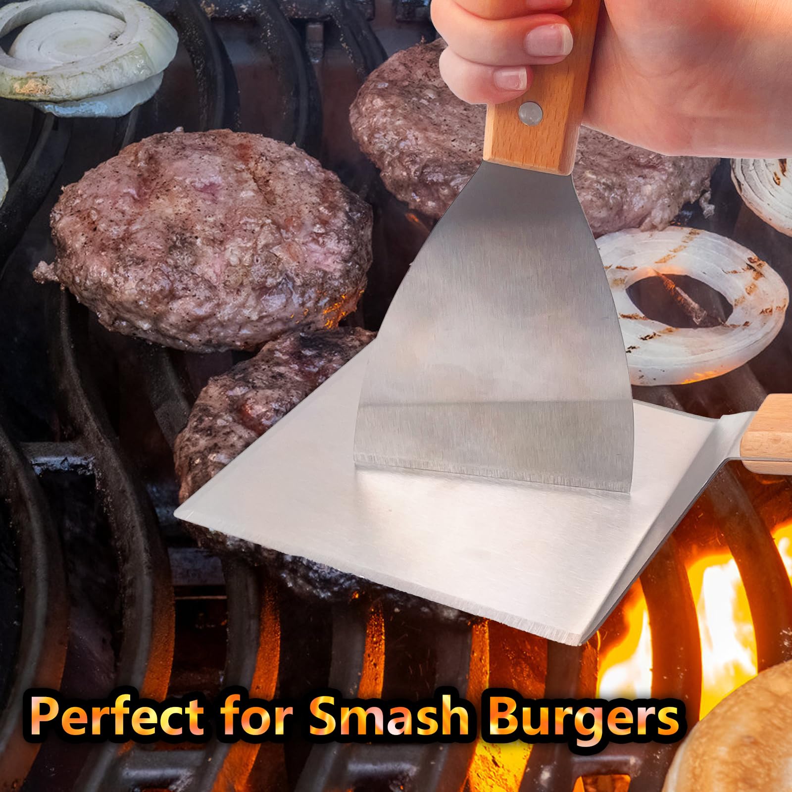 Set de Spatules pour Barbecue en Acier Inoxydable et Bois, Spatules Barbecue avec Crochets, Grande Spatule pour Smash Burger, et Presse à Burger, Idéal pour Plancha et Teppanyaki