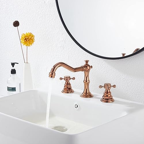 Miniatura 6 de GGStudy Grifo de lavabo de baño de 8-16 pulgadas con dos manijas, 3 orificios, instalación extendida, grifo mezclador de lavabo de cobre con desagüe