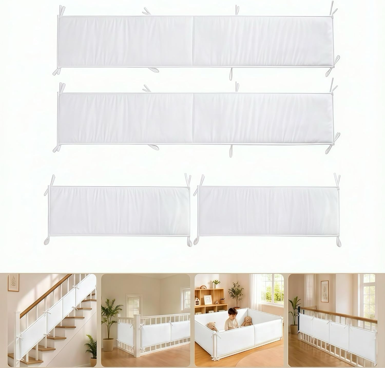 4 Pack Crib Rail Cover Sets, Full Surround Mesh Crib Rail Padding & Crib Teething Guard Rail Cover with Tie Straps, Foldable Crib Border Padding for Floor Beds, Stair Railings & Play Areas (white)