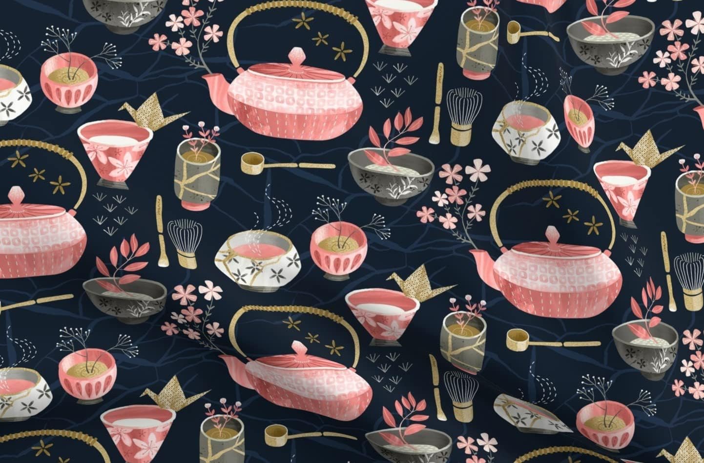 Spoonflower Fabric - Japan Japanese Tea Cup Kitchen Dream Origami Teapot Kettle Chawan Printed on Organic Cotton Sateen Fabric by The Yard - Sewing Quilting Apparel Home Decor