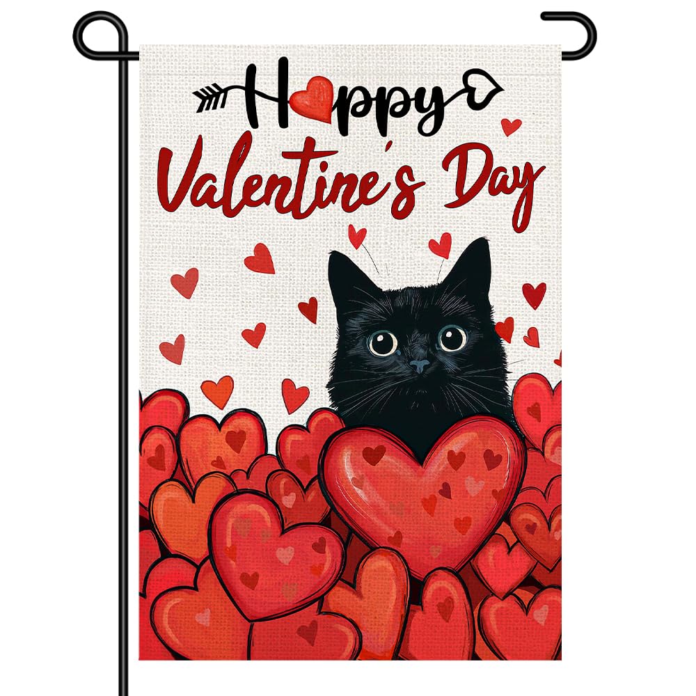 Bandera de jardín de San Valentín 12x18 con diseño de gato negro y corazones