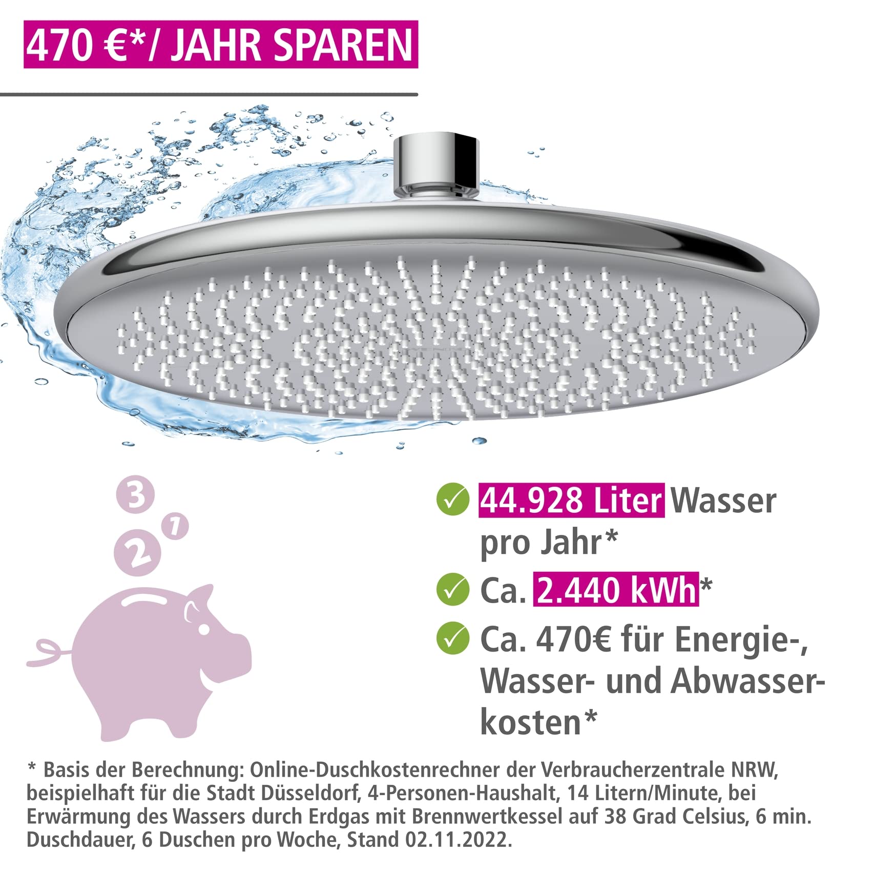 WENKO Wasserspar Regenduschkopf Watersaving, Kopfbrause mit Wasserspar-System, ABS, Chrom/Grau, rund, Ø 22,5 cm