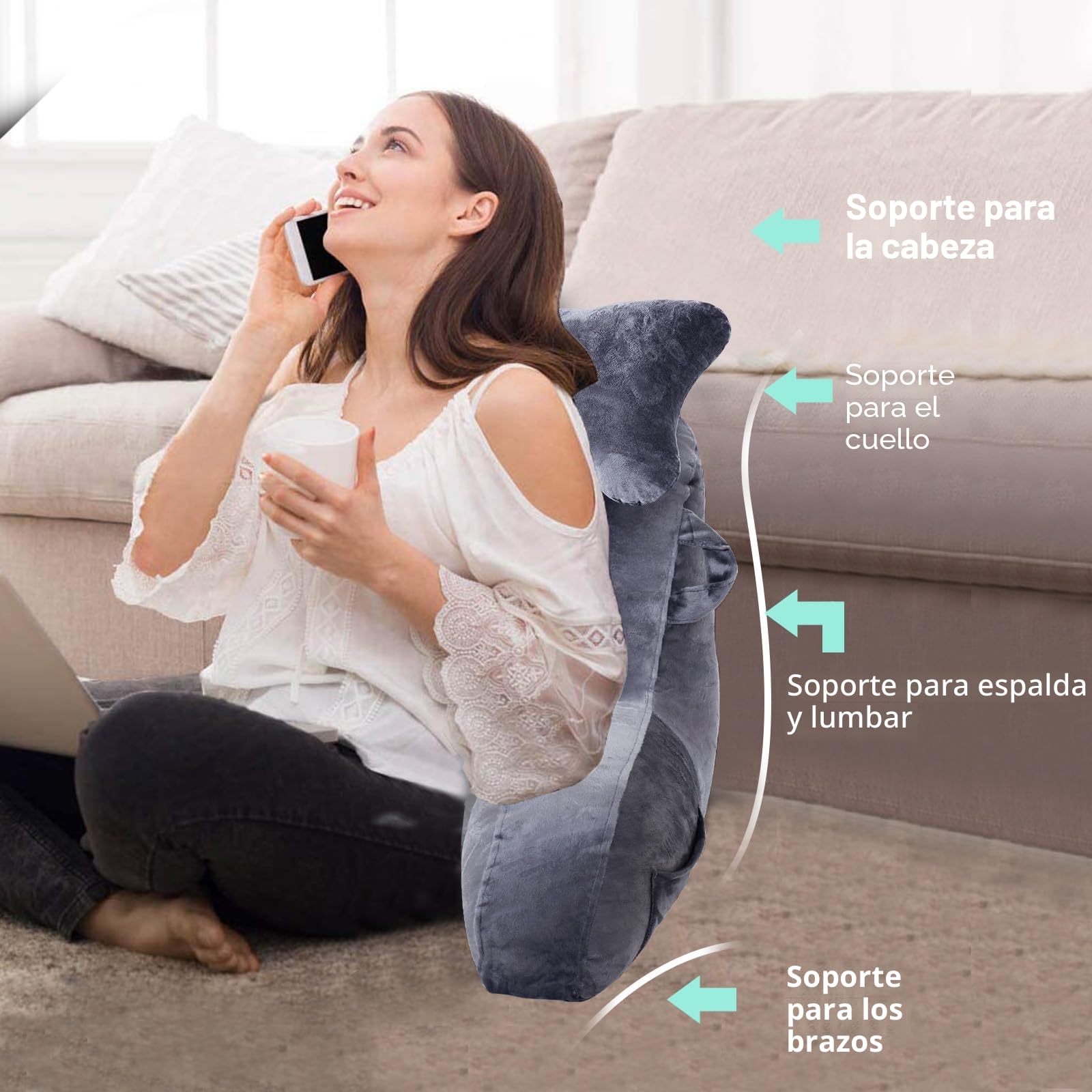 SLIGUY Almohada de lectura para sentarse en la cama, sofá para adultos, almohada de espalda con soporte para brazos y bolsillos, almohada de espalda para adultos para reposo en cama, leer, ver la