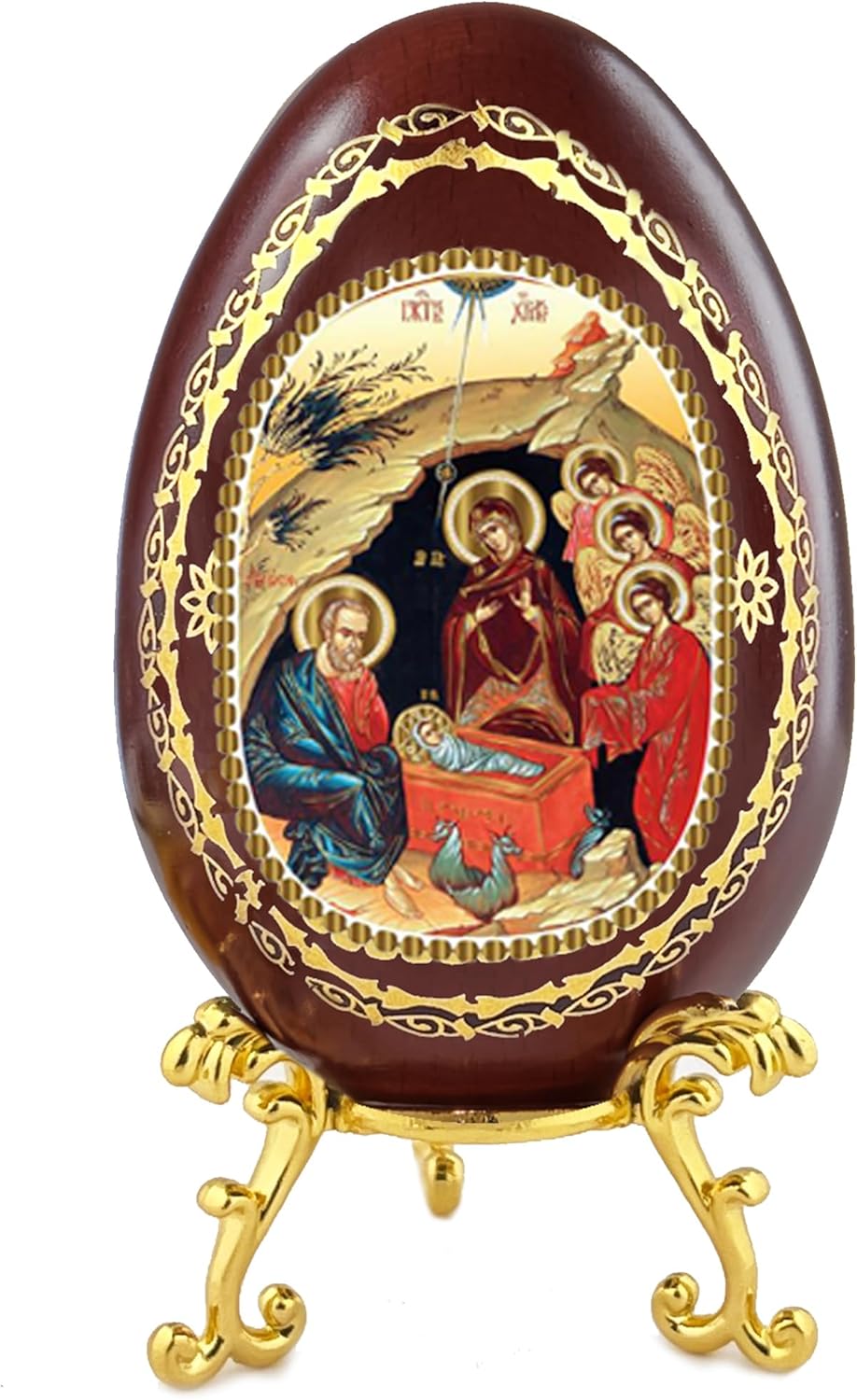 Needzo Nativity of Christ Wooden Icon Egg on Gold Tone Metal Egg Stand Holder 5 1/2 Inch, Christmas Deccoration, Relgious Gift