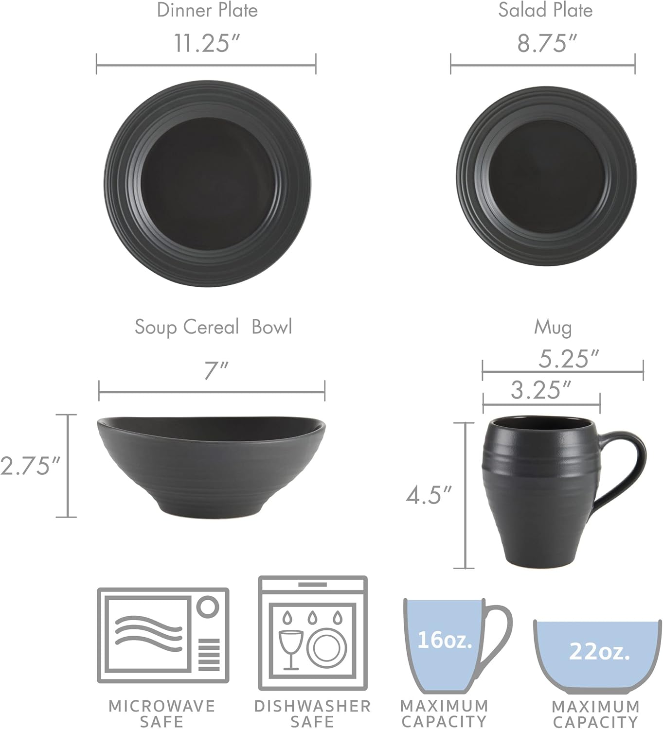 Mikasa Swirl 4 Piece Place Setting, Service for 1, Graphite