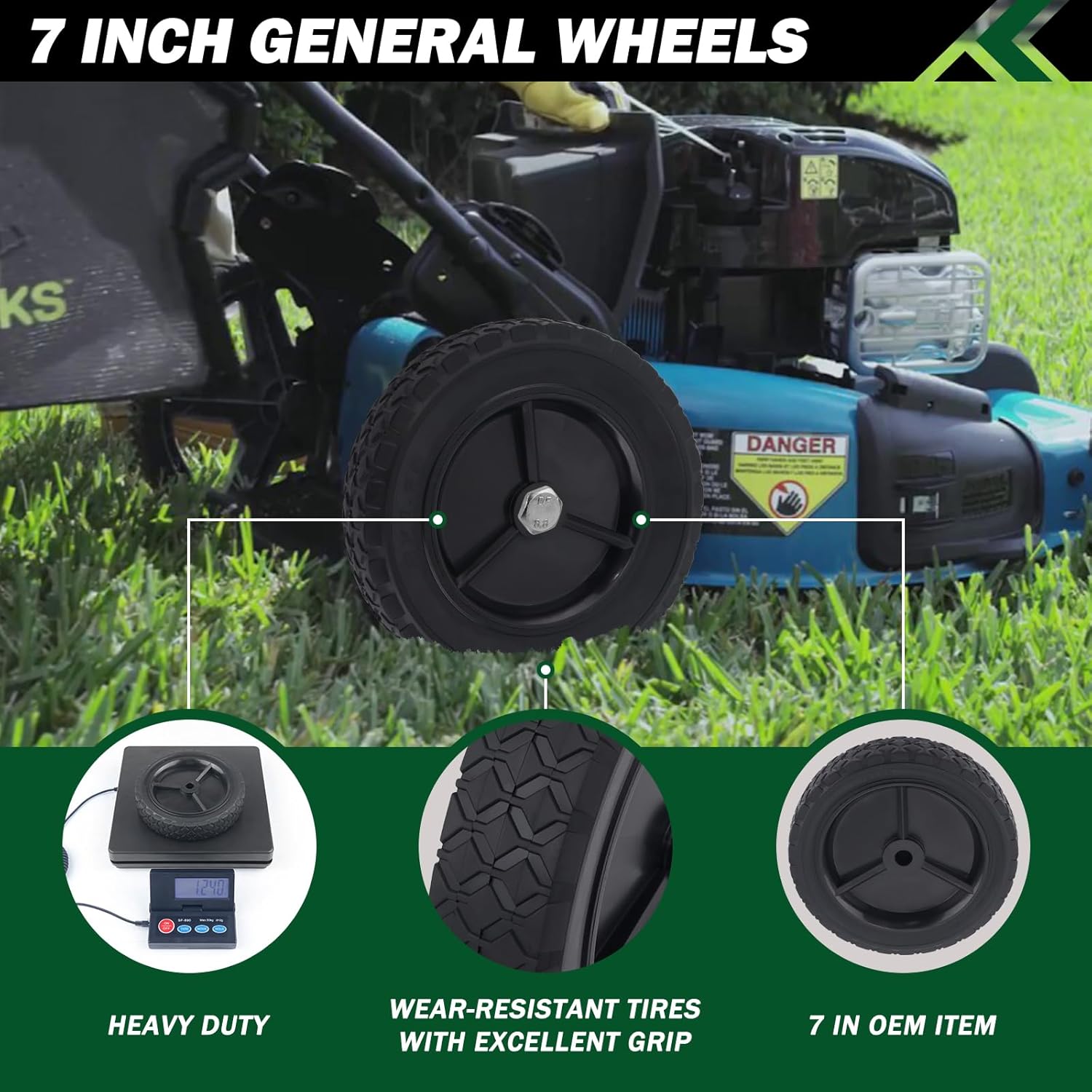 CheeMuii 4 Pcs 7 Inch Lawn Mower Wheels 7" Black General Wheels Replace for Oregon 72-107 Compatible with Craftsman/AYP/MTD Push Lawnmower, Hand Truck, BBQ Grill Wheel 9611, etc