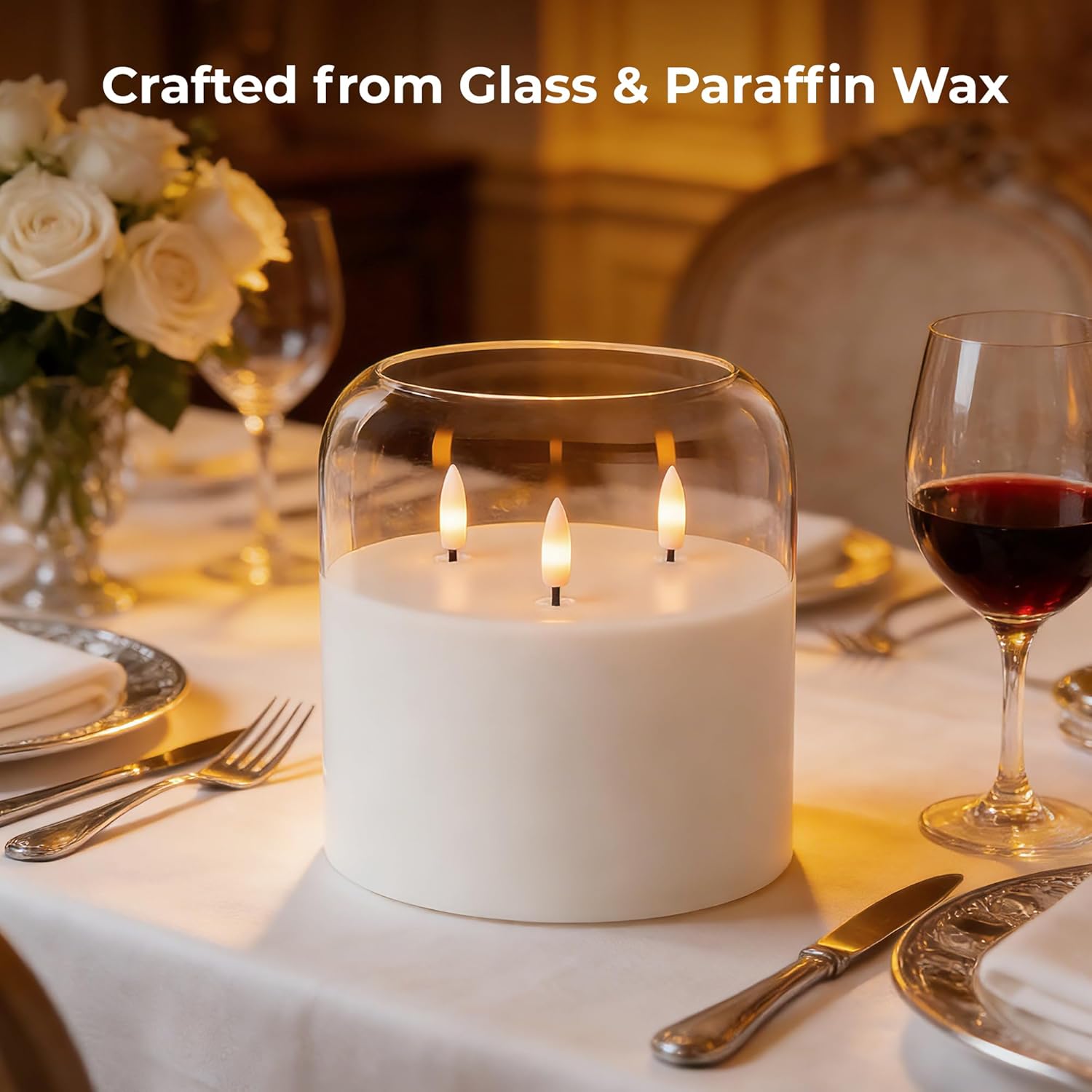 3 Wick Glass Flameless Candle with Remote and Timer, 6"x6" Extra Large Real Wax LED Pillar Candle Battery Operated with 3D Flickering Flame for Festival Wedding Home Party Decor (Clear)