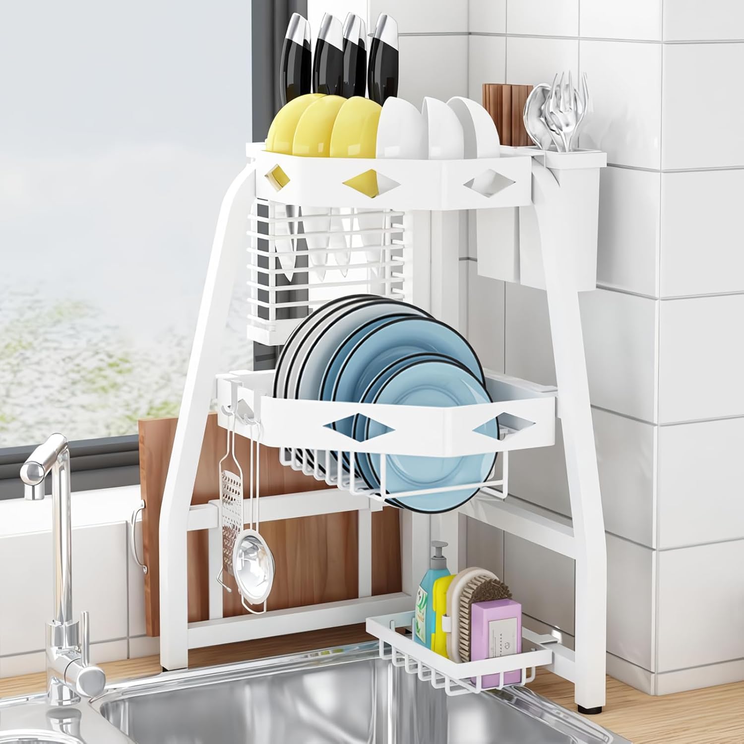 TooCust Folding Dish Drying Rack, 2-Tier Metal Corner Drain Rack for Kitchen Sink with Sponge Holder, Heavy Duty Over Sink Drying Rack with Dishes, Bowls and Forks Rack,White