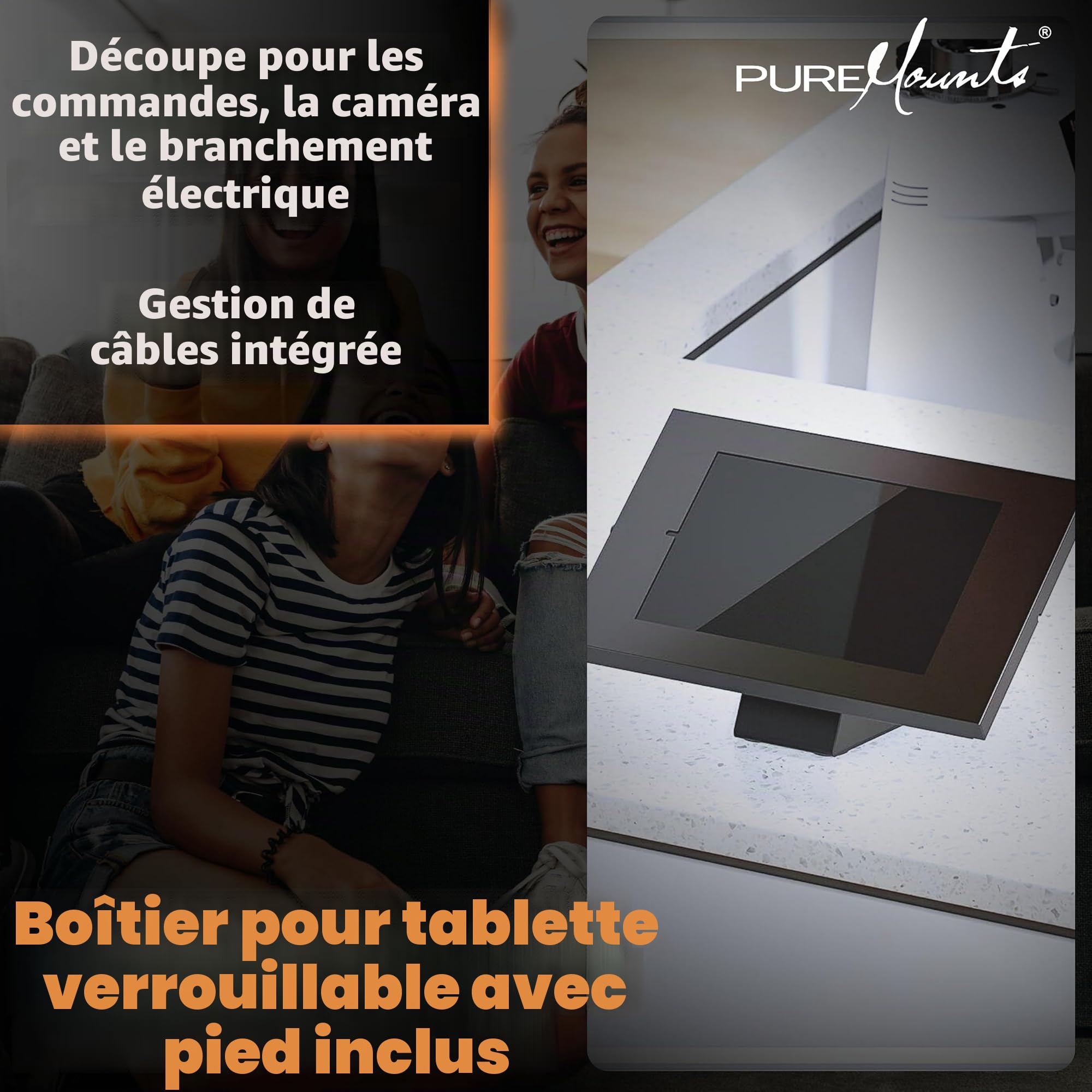 PureMounts® Support de Tablette avec boîtier en verrouillable pour iPad 5/6/7/8/9/ IPad Air 9.7"/ 10.5"/10.9"/ IPad Air 9.7"/10.5"/11" et Samsung Tab A 10.1 (2019)/ Onglet A7/S6 Lite 10.4", Noir