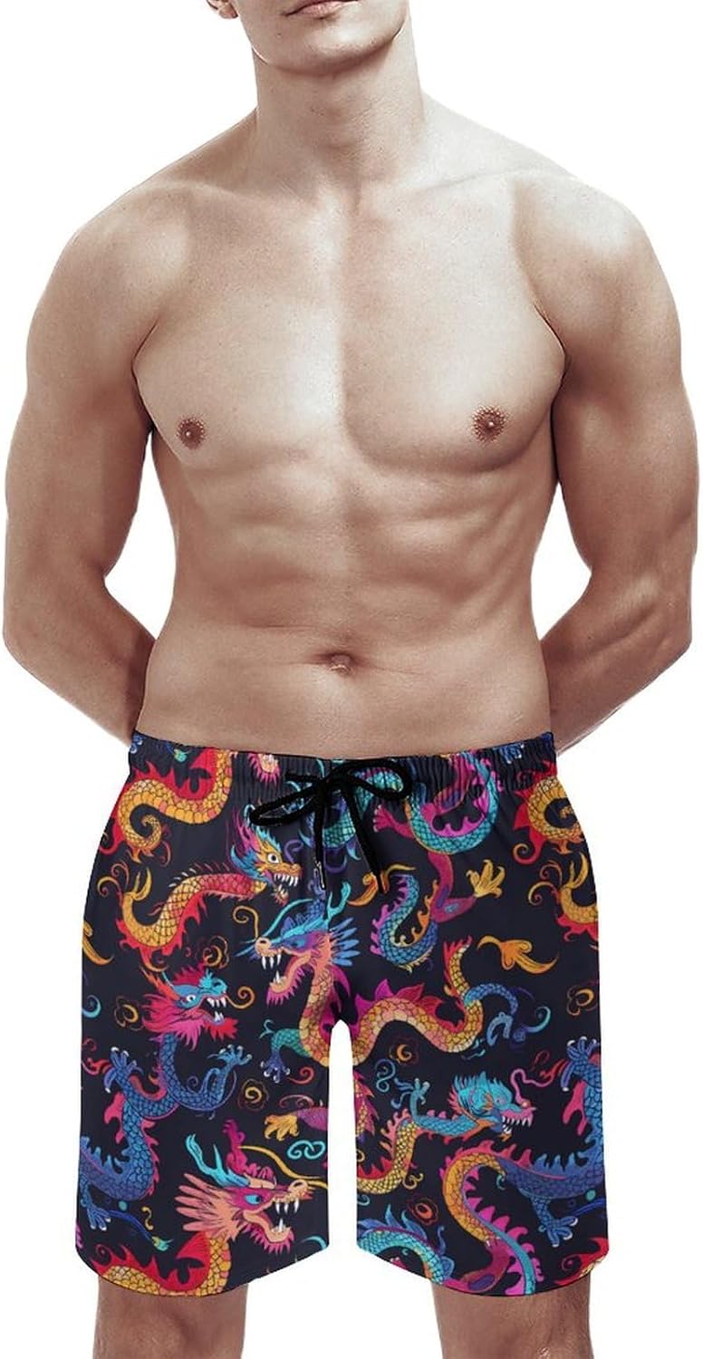 Colorful Dragons Casual Men's Swim Trunks Novelty Summer Beach Shorts Swimwear with Pocket