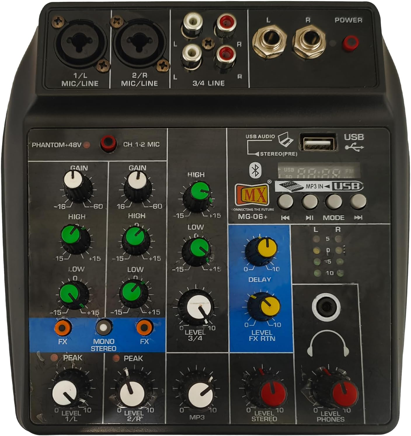 4 Channel Audio Mixer – Basic Sound Mixing Console with Bluetooth USB 48V Phantom Power. Use for Basic audio learning set-up (NOT FOR RECORDING or PROFESSIONAL AUDIO MIXING CONSOLE) (1)