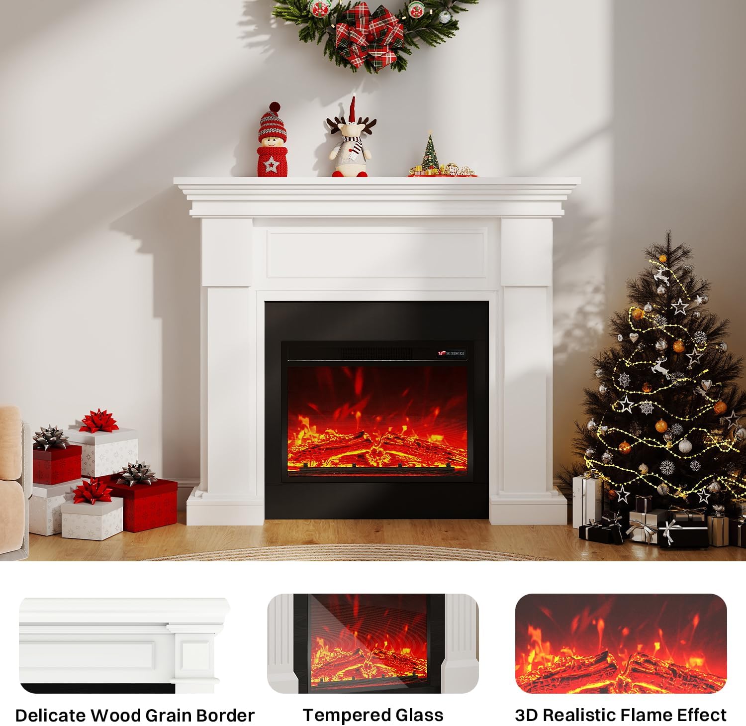 55" Electric Fireplace with Mantel | 1400W Faux Fireplace | Highly Realistic 3D Flame | 50-90℉ Adjustable Temp | Button & Remote Control | White Fireplace Mantel Surround | 55" W×13.5" D×44" H