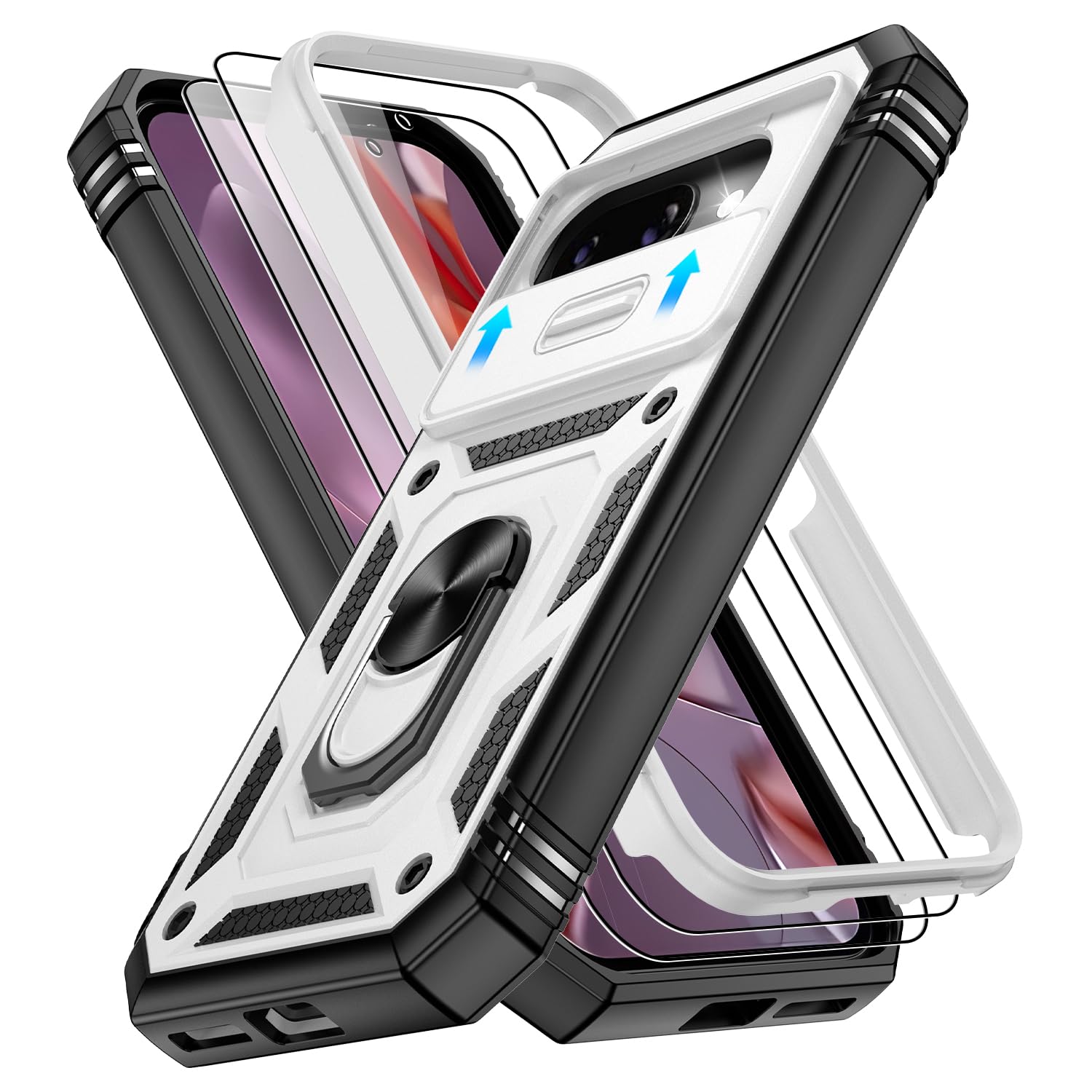 Phone Case for Google Pixel 9A Case with with Slide Camera Cover | 2 Pack Screen Protector, Build in 360° Rotating Ring Ki...