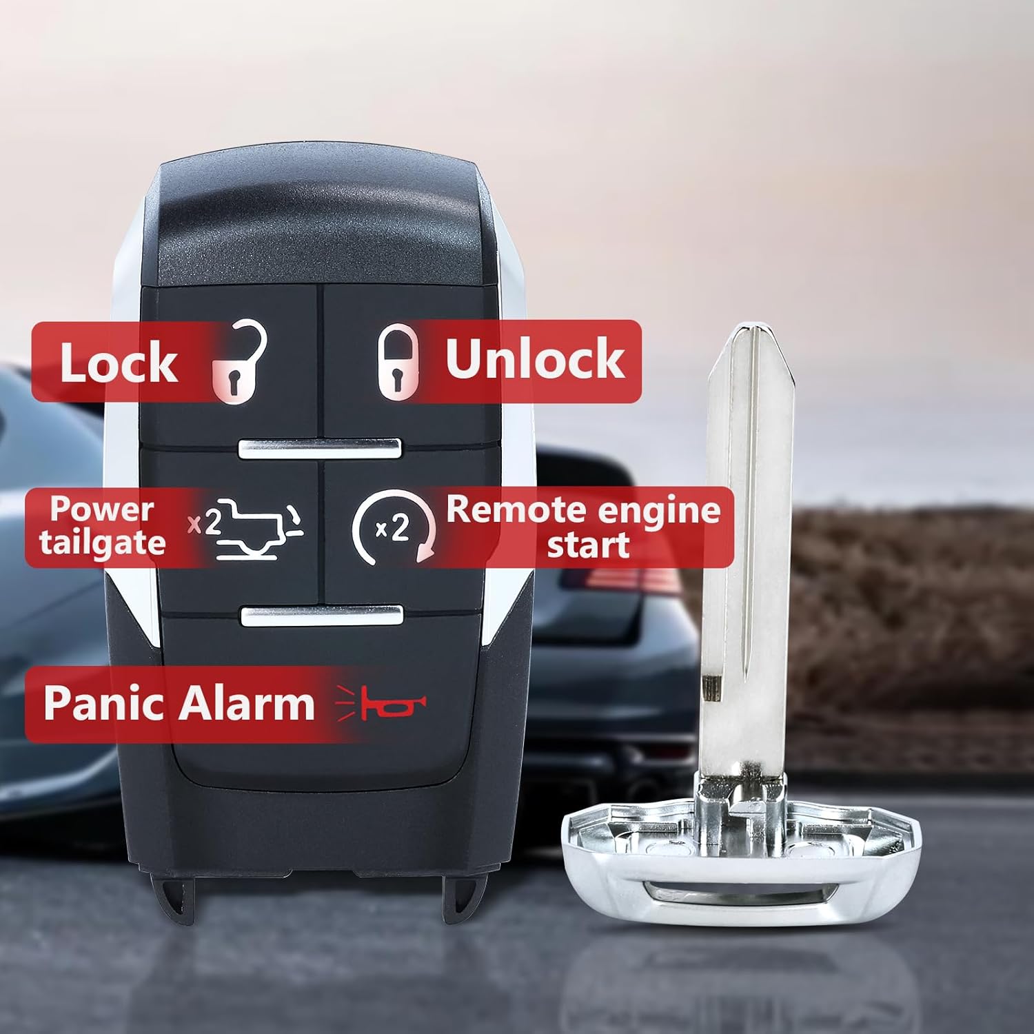 Key Fob Replacement for Ram 2500 3500 4500 5500 2019 2020 2021 2022 5 Buttons 433Mhz 4A Chip Keyless Entry Remote Control Car Key FCC ID: GQ4-76T, P/N: 68475385, 68374994