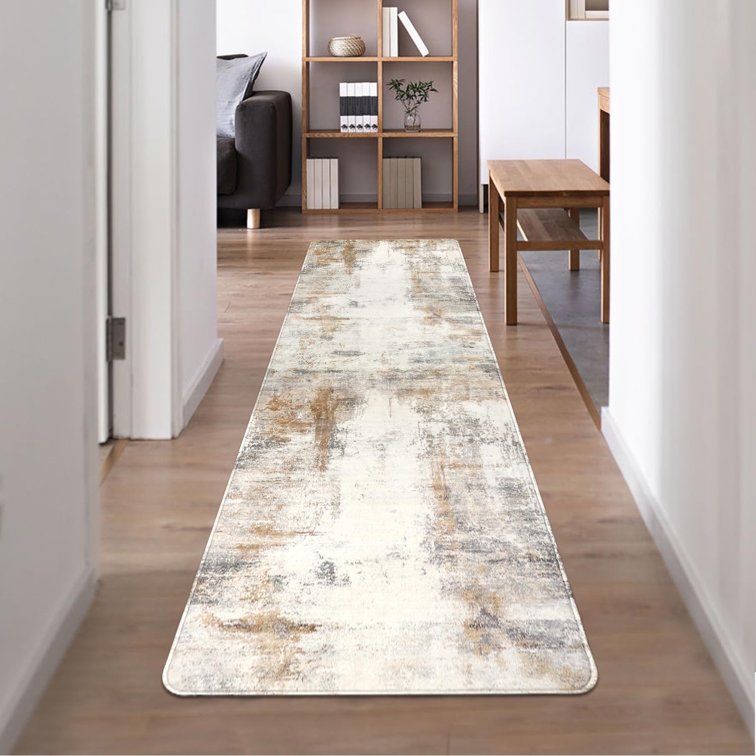 Famibay Alfombra Pasillo Larga 65x240cm Beige Marrón Alfombra Cocina Moderna Alfombras de Pasillo Lavables Antideslizante Abstracta Suave para Pasillo Cocina Lavadero Larga Entrada