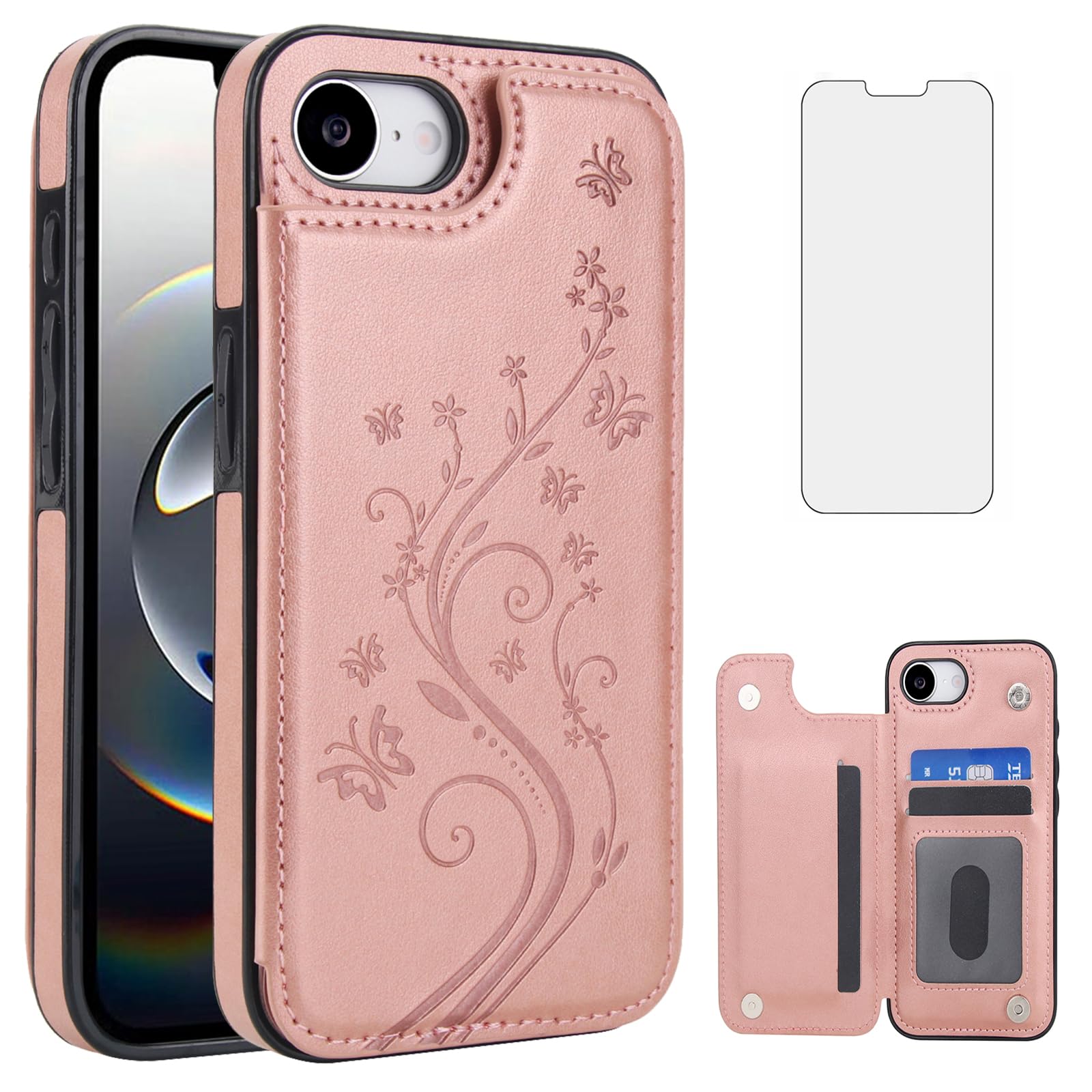 Phone Case for iPhone 16e/SE 2025/SE 4 with Tempered Glass Screen Protector and Card Holder Wallet Cover Stand Flip Leather Cell Accessories i