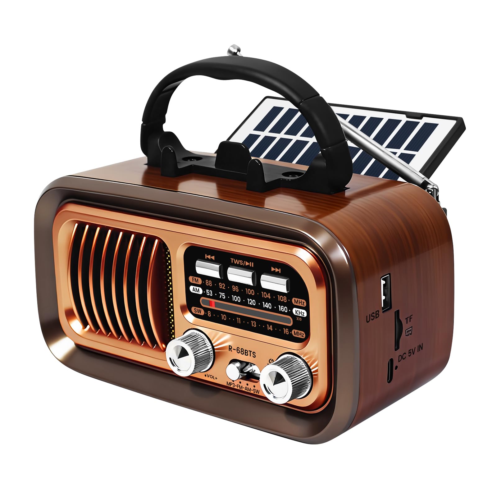 Bingxue Retro Bluetooth Radio with Solar/D Battery Operated/USB Rechargeable/DC 5V Charging, AM/FM/SW,TWS, USB/TF Playback, Phone Stand & Portable Speaker - Perfect for Outdoor/Home Use-image-37