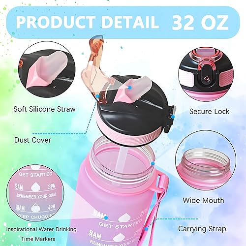 Miniatura 4 de Sea Turtle - Botella de agua con pajilla, a prueba de fugas, correa de transporte, sin BPA, botella de agua deportiva motivacional de 32 onzas