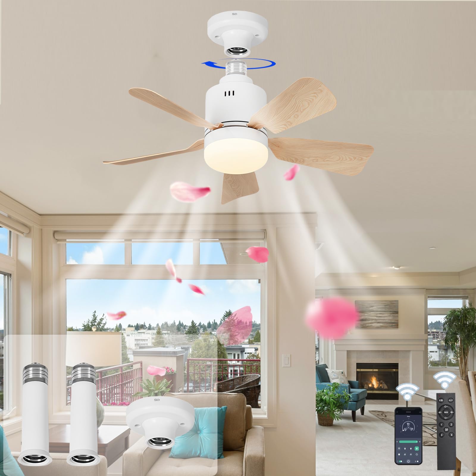 HXYSXHJUO E27 Small Ceiling Fans with Lights and Remote/APP Modern Silent Lamps LED Dimmable Fan Light Ceiling, 4 Speeds, for Bedrooms, Living Rooms Dining Rooms, Lounge-White-Wood