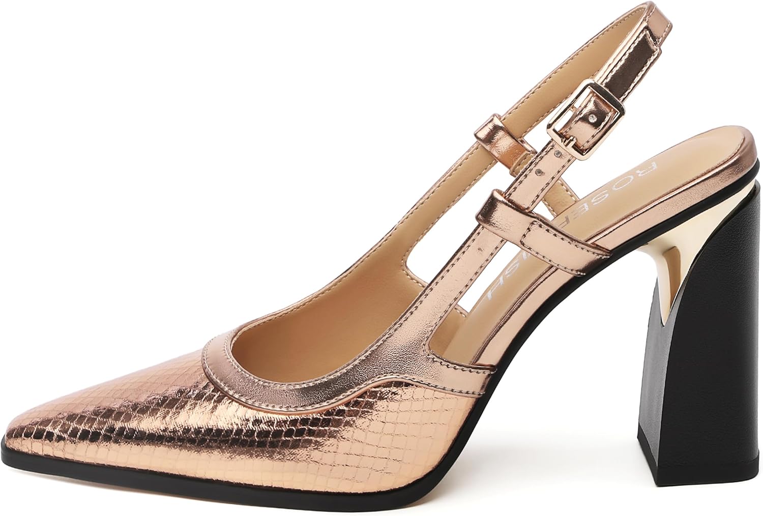 ROSERWISH Women's Slingback Pumps 3.5 Inch Block Heel - Rose Gold Pointed Toe Party Wedding Shoes | Slip-On Comfortable Dress Heels for Prom, Classic Sexy High Heels for Women Size 11.5