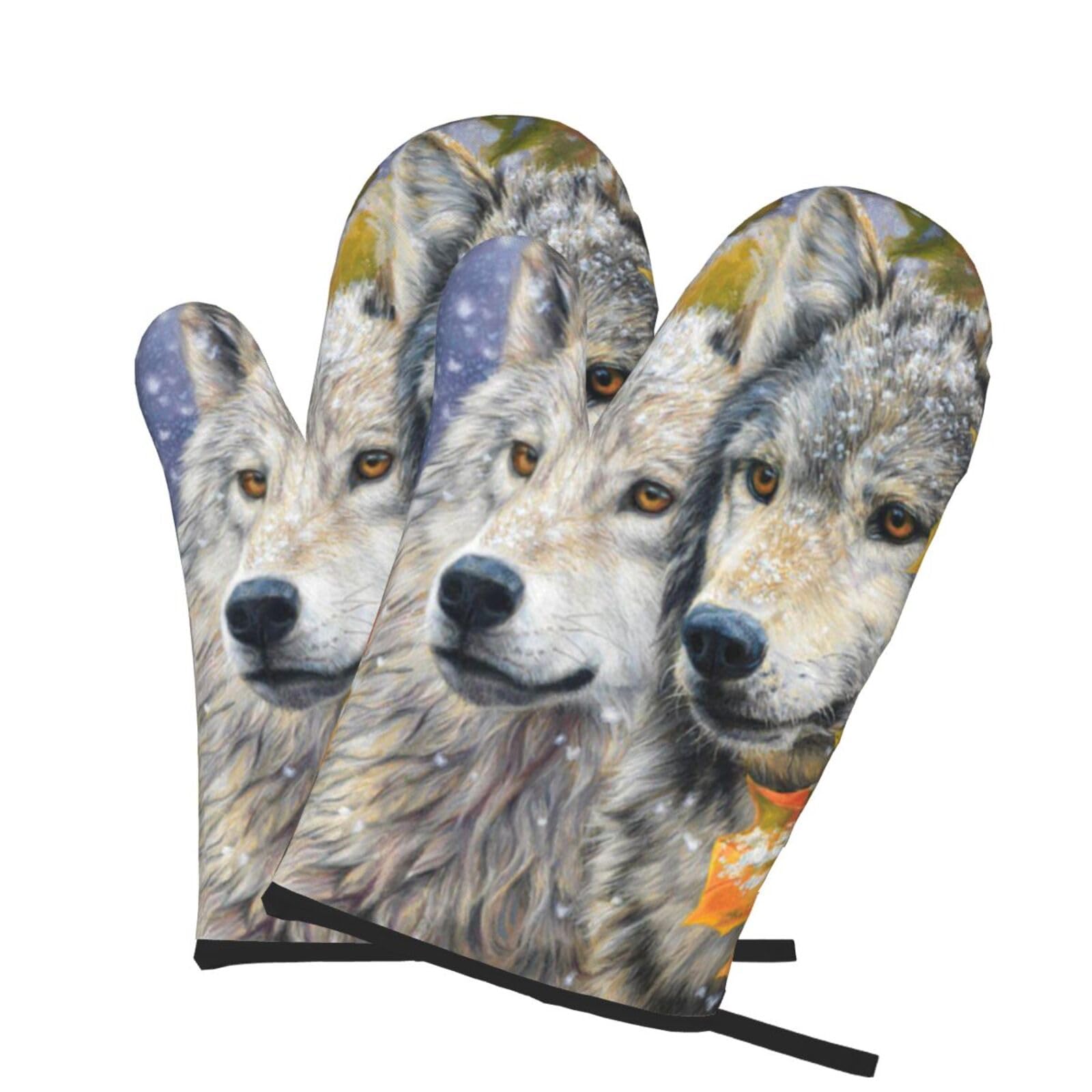 Oven Mitts Set of 2 Pcs, Wolf Animals Prints Heat Resistant Kitchen Gloves for Cooking Baking Grilling
