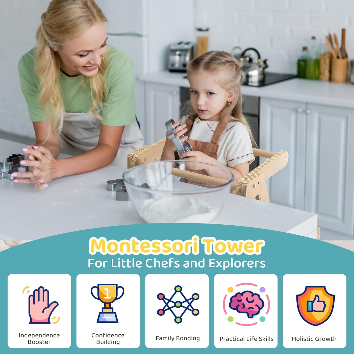 Cowiewie Foldable Toddler Tower, 4 Heights Wooden Standing Tower, Lock and Fold Safety, Space-Saving Fold, 18M-6Y