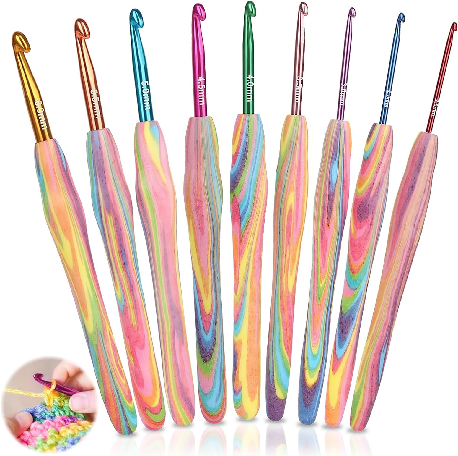 9Pcs Crochet Hooks Set with Grip Handle, Rainbow Crochet Hook Set, 2.0mm-6.0mm Ergonomic Crochet Hooks Sets, Aluminum Crochet Needles for Beginners and Experienced Crochet Lover
