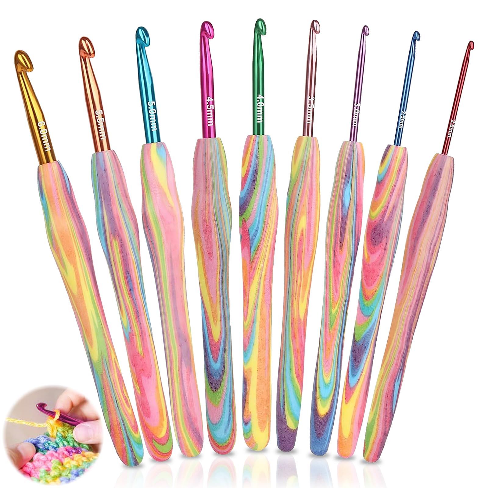 9Pcs Crochet Hooks Set with Grip Handle, Rainbow Crochet Hook Set, 2.0mm-6.0mm Ergonomic Crochet Hooks Sets, Aluminum Crochet Needles for Beginners and Experienced Crochet Lover