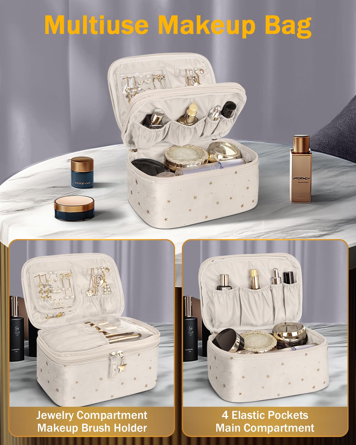 Wedama Makeup Bag, Double-layer Cosmetic Bag with Jewelry Storage and Brush Holders 3 Pcs Velvet Makeup Bag Set Travel Makeup Organizer Bags Portable Cosmetic Case Toiletry Bag for Women Girls, Beige - Image 2