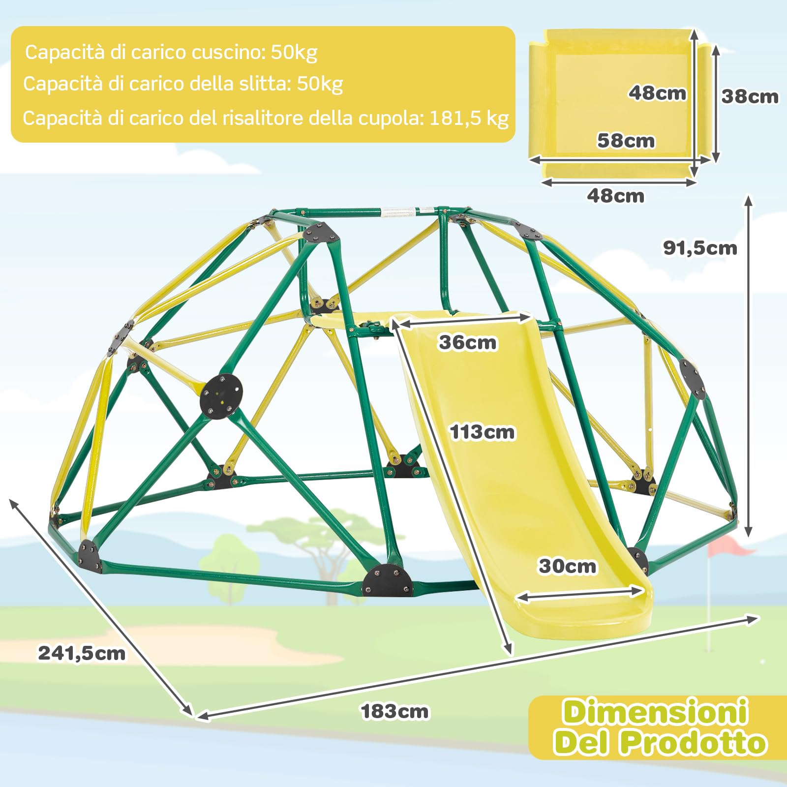 COSTWAY Cupola di Arrampicata, Struttura per Arrampicata con Scivolo, Capacità di Carico di 180 KG, per Bambini da 3 a 10 Anni, Ideale per Palestra, Cortile e Giardino (Verde+Giallo)