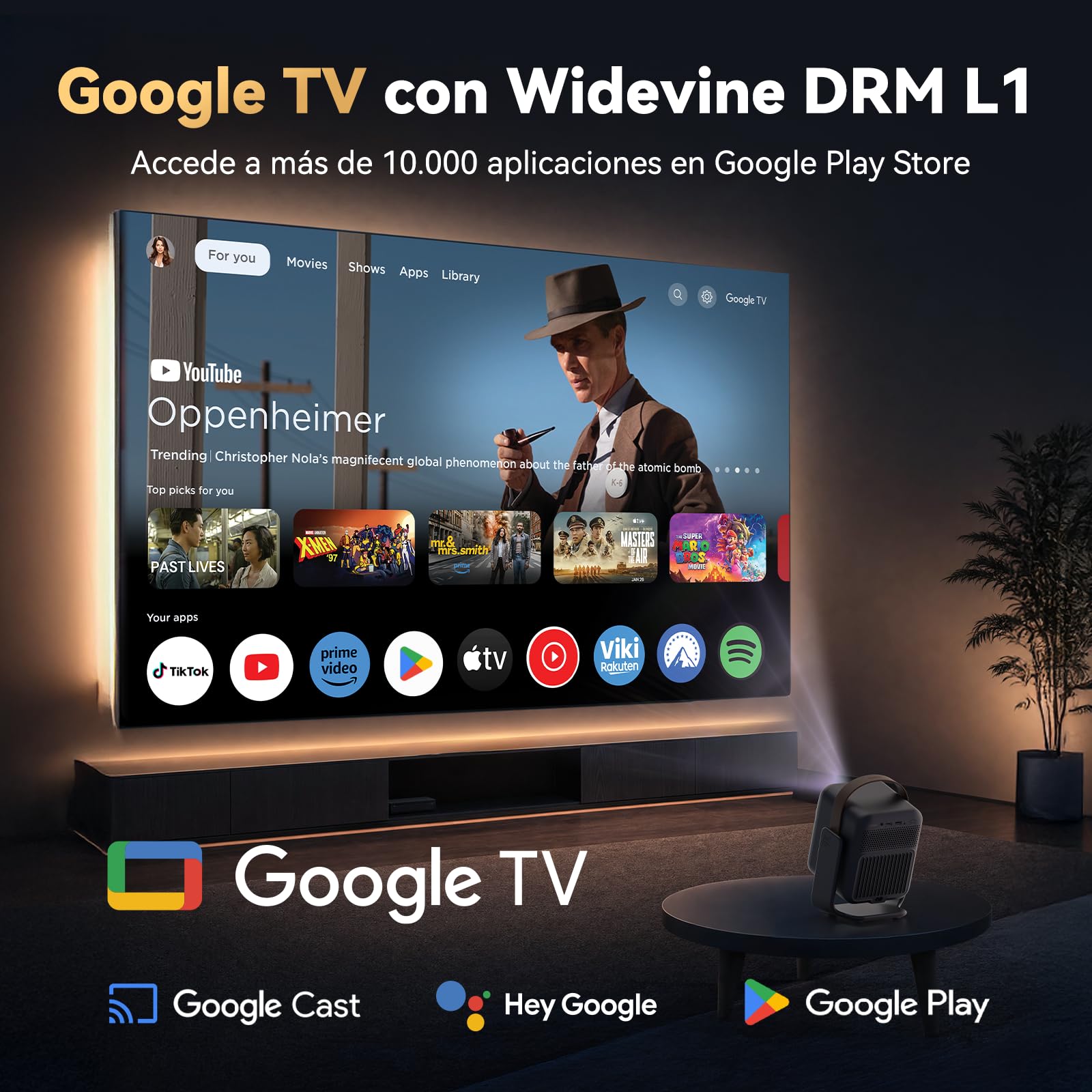 Wanbo Togo Pro Proyector Portátil con Batería 3,5 h Integrada, Google TV, 1080P Full HD, 500 ANSI, WiFi, Bluetooth, Auto Focus, Keystone, Rotación 360°, 27dB Silencioso para Cine en Casa y Camping