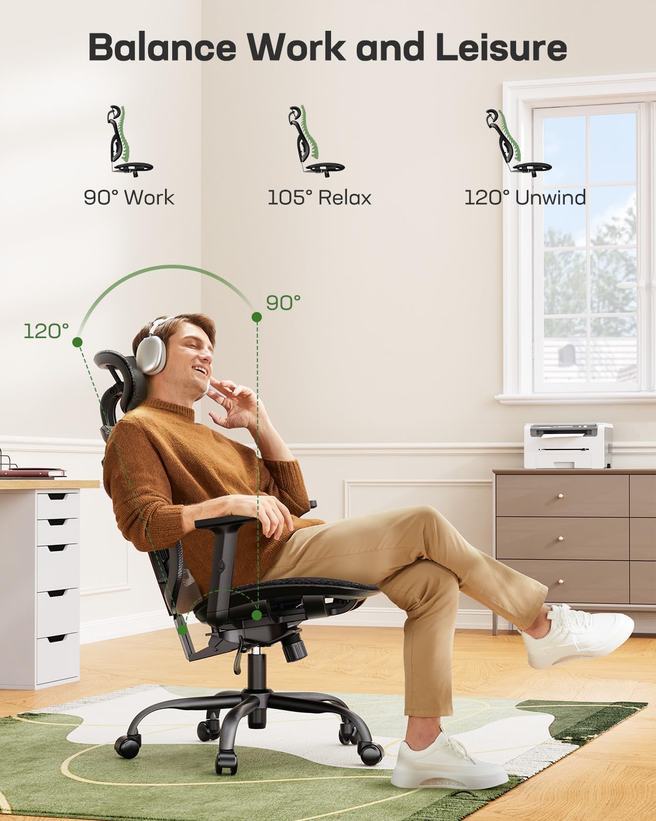 Marsail Sedia Da Ufficio Ergonomica In Rete – Schienale A S Con Supporto Lombare Regolabile, Braccioli Ribaltabili, Girevole, Portata 136 Kg (Nera)