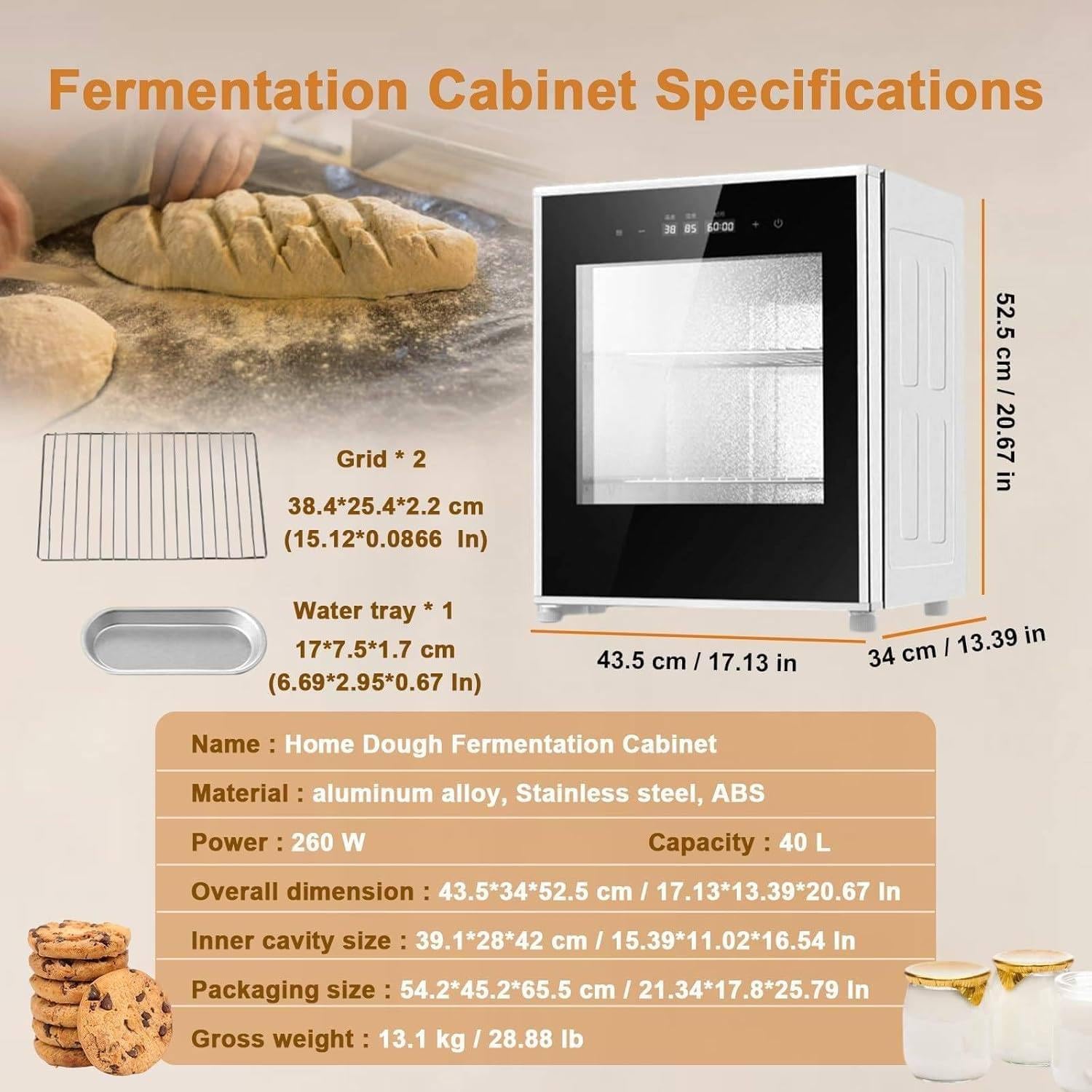 Caja de fermentación para pan casero, máquina de fermentación eléctrica de sobremesa de 40 l, temperatura ajustable de 20 a 50 °C, caja de fermentación de pan de 260 W con control de humedad, par