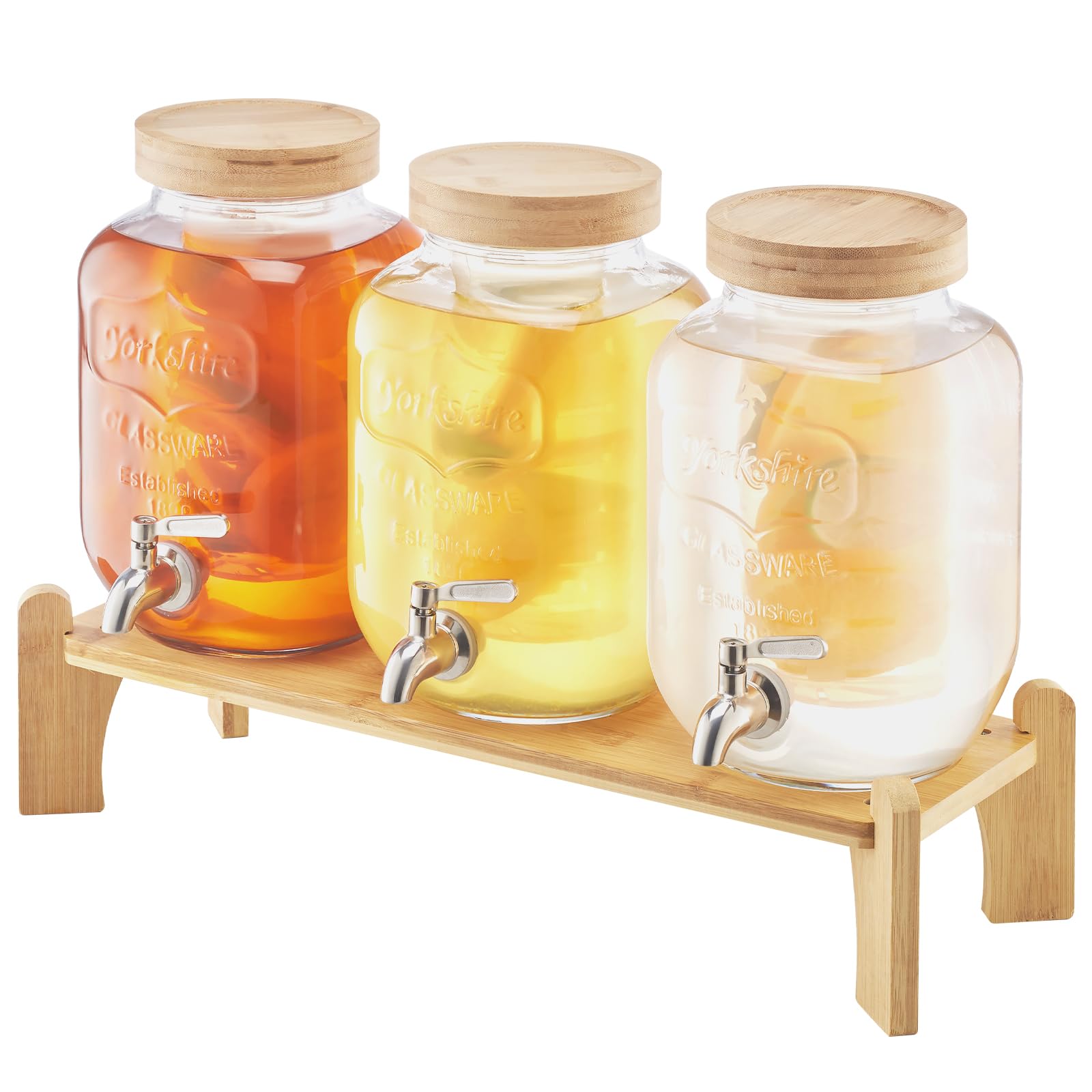 VEVOR Dispensador de Bebidas, 3 uds, 3,8 L, para Fiestas, Dispensador de Jugo de Vidrio con Soporte de Madera, Grifo de Acero Inoxidable, Infusor, para Té Helado, Limonada y Jugo, Transparente