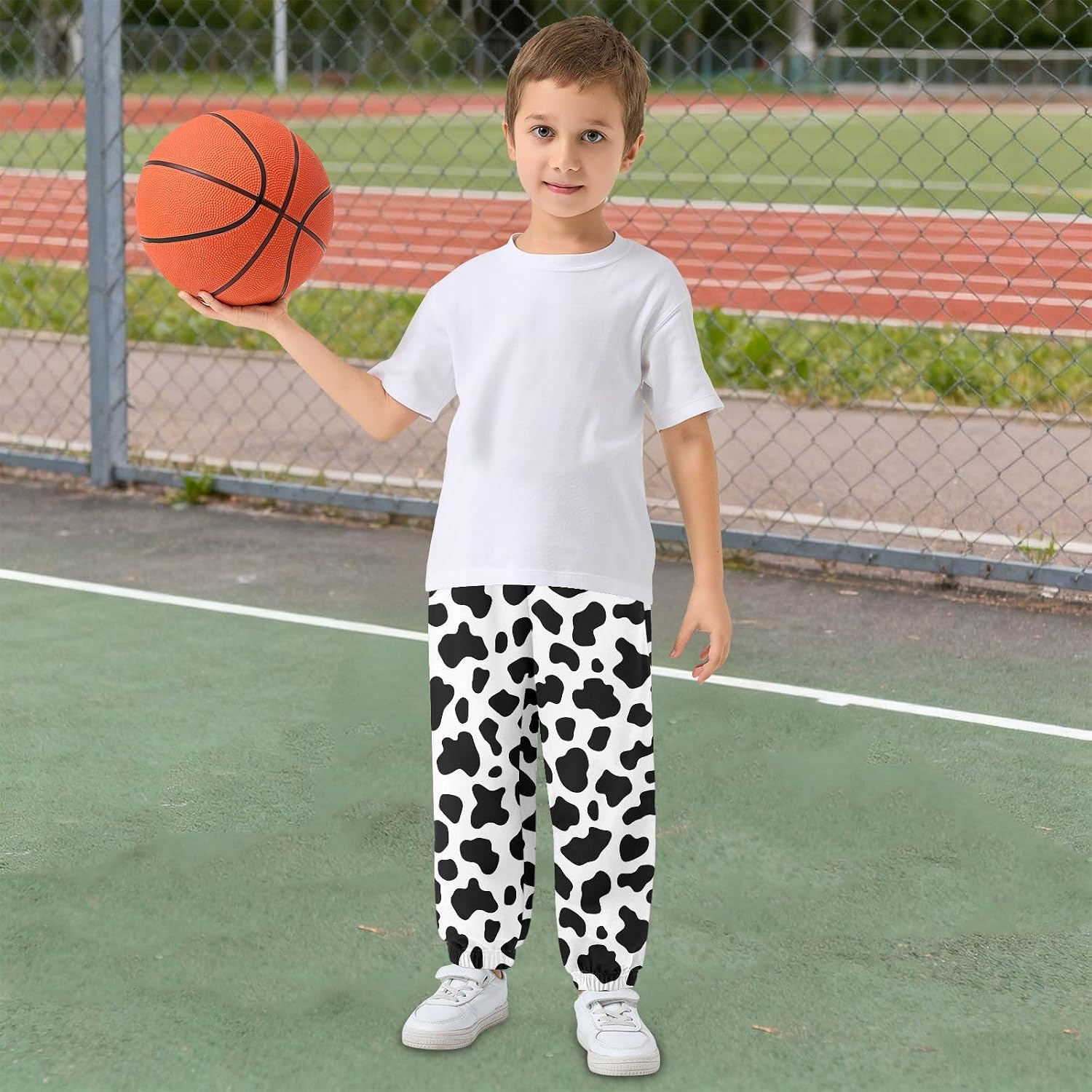 Boy Sweatpants Cow Skin Print Black and White Joggers Casual Athletic Pants Kids Elastic Waist Cuffed with Pockets