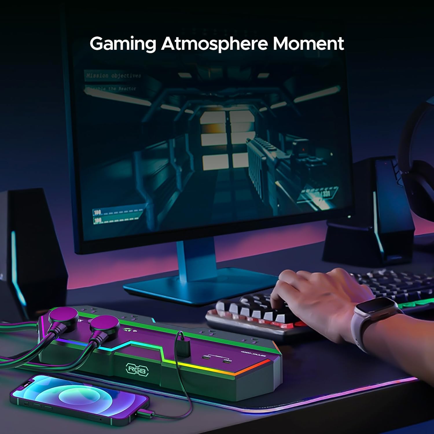 4000J Surge Protector Power Strip with USB Ports, 6 Outlet Power Strip with RGB Lights and PD 20W Fast Charging, Wide-Spaced Outlet Perfect for e-Sports, Game PC, Home and Offices - Image 5