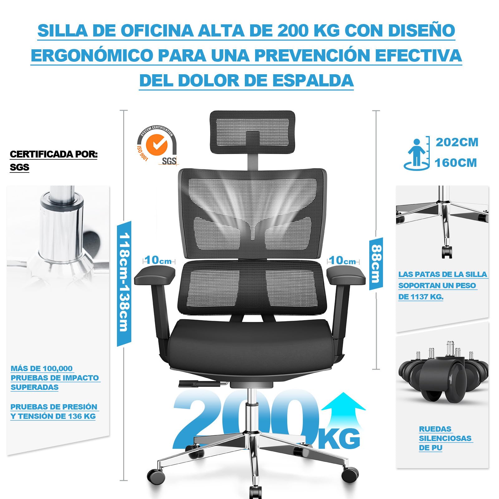 MELOKEA Silla de Oficina 200kg, Bloqueo en 3 Posiciones, Silla Ergonómica XXL, Ancha y Grande, para Altura Corporal 160-202 cm, Reposabrazos 3D, Apoyo Lumbar Dinámico Ergonómico, Silla de Escritorio