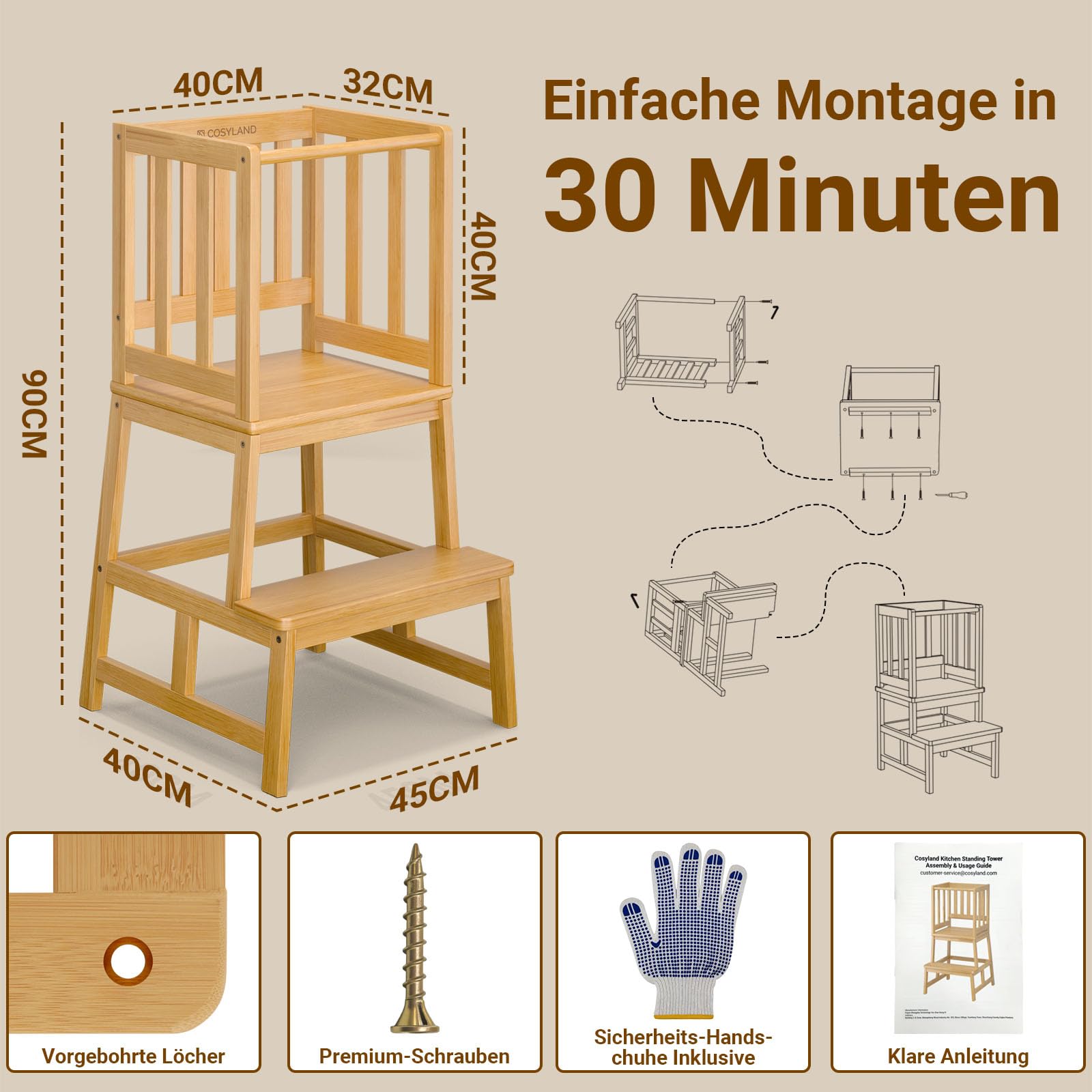 COSYLAND Lernturm ab 1 Jahr – Montessori Learning Tower für Kinder – Sicherer Kinder Lernturm ab 2 Jahre – Stabiler Toddler Tower, Naturfarbe