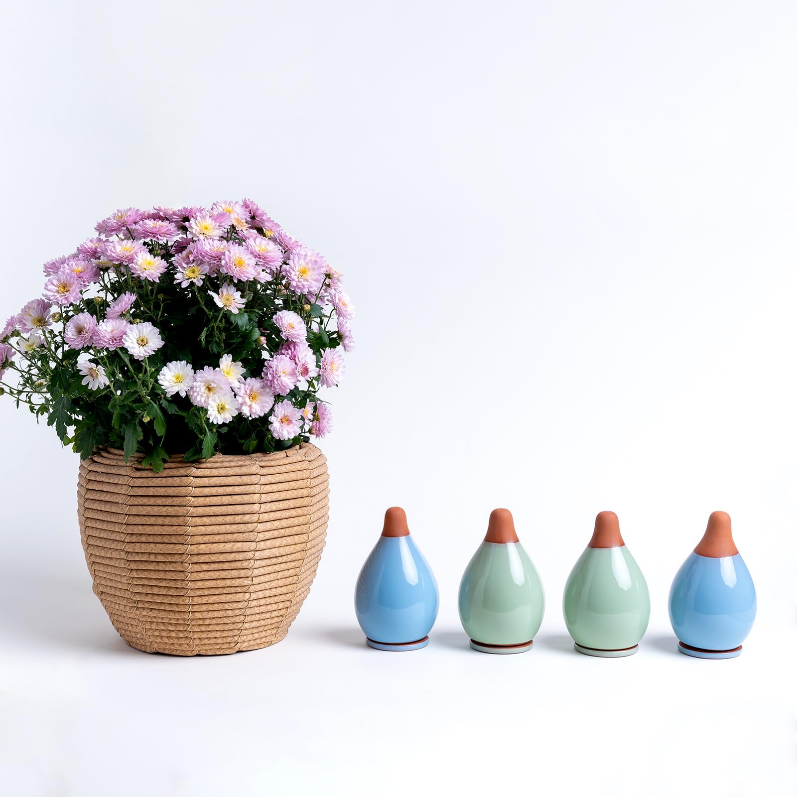 MOUGIGI Lot de 4 inserts de pot à arrosage automatique – 2 globes d'arrosage bleus et 2 verts en céramique pour plantes d'intérieur, bulbes en terre cuite et petits pots de fleurs – Capacité de 300 ml