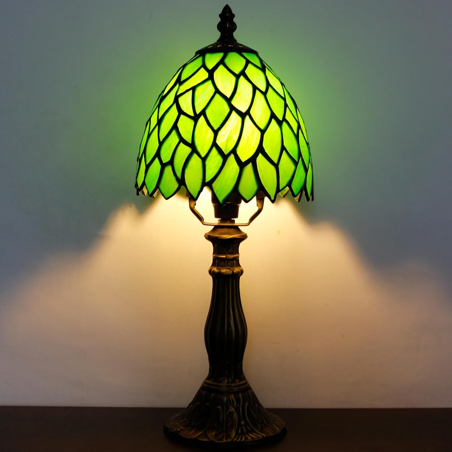 Small Tiffany Lamp Mini Accent Table Lamp Green Wisteria Leaves Style Stained Glass Desk Memory Lamp Sympathy 6X14.6 Inch