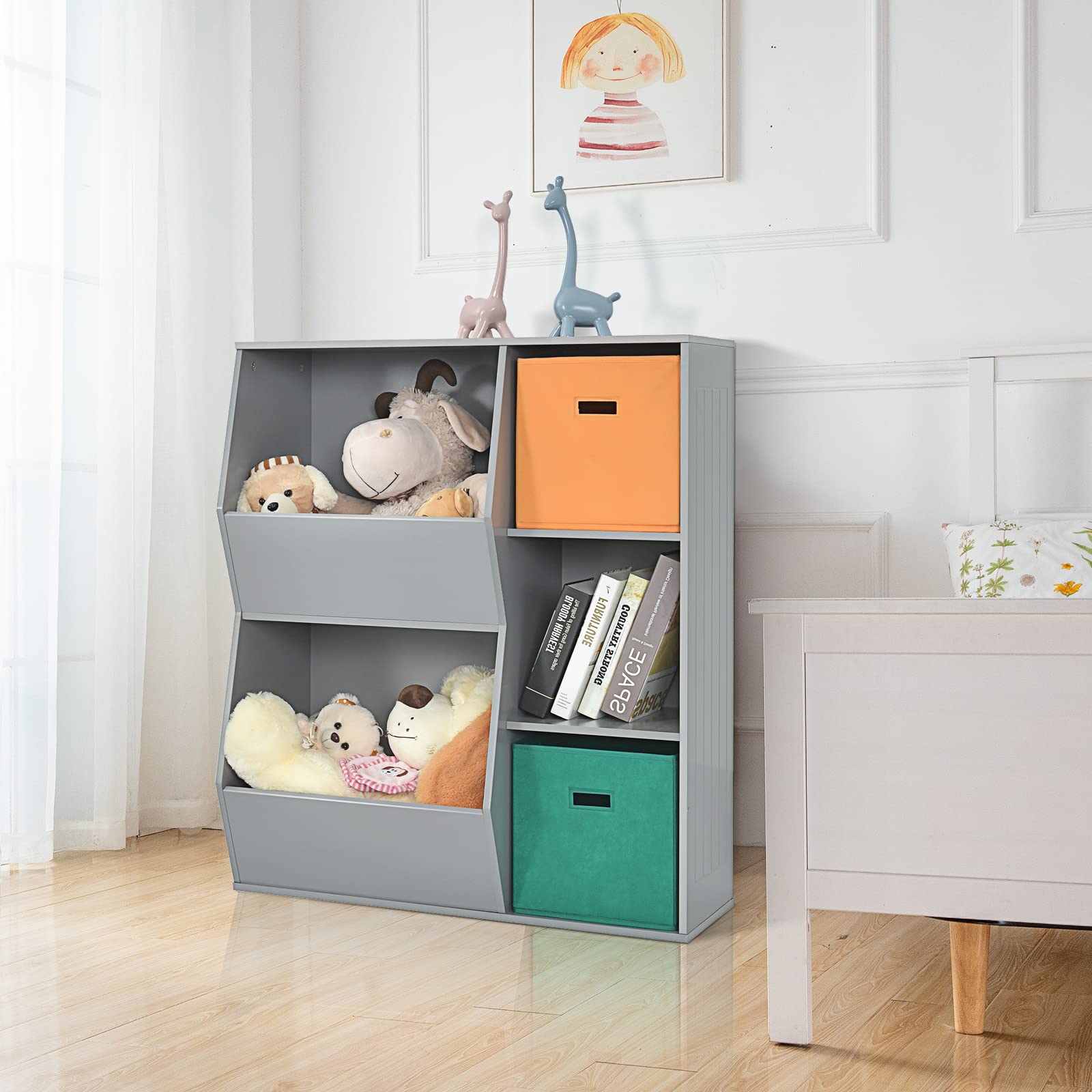 COSTWAY Estantería Infantil para Juguetes, Organizador de Juguetes, 3 Cubos y 2 Amplias Cajas Abiertas, Sala de Juegos de los Niños, Salón, 76 cm x 28 cm x 94 cm (Gris)